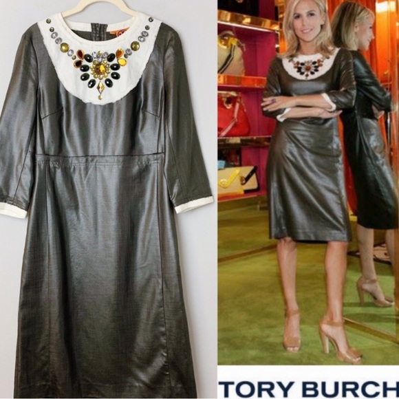 TORY BURCH THILA BEADED DRESS FITTED SILHOUETTE LUXE GRAY HUE SIZE 4 - Picture 5 of 9